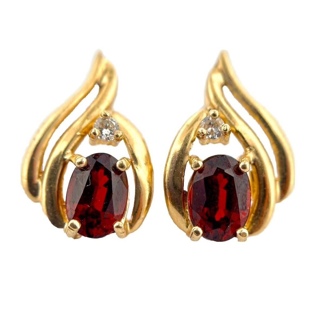 14k Solid Yellow Gold Red Garnet And Diamond Stud Earrings